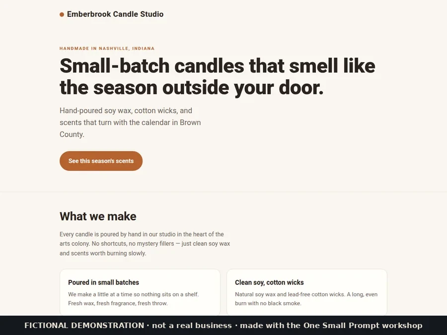 Fictional Emberbrook Candle Studio website demonstration