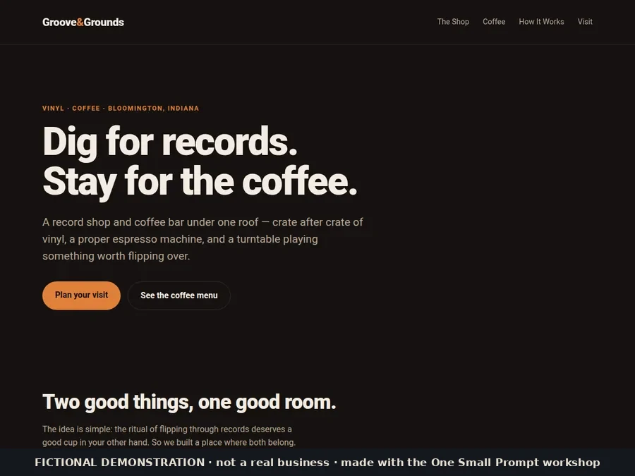Fictional Groove and Grounds record shop and coffee bar website demonstration
